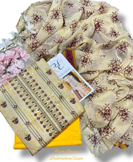 Chiffon Dupatta by Hajra Emaan – 9070 Lawn with Embroidered Panel & Dyed Trouser