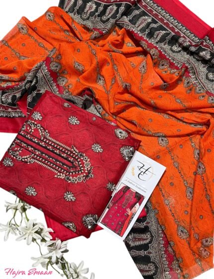 Chiffon Dupatta by Hajra Emaan – 9070 Lawn with Embroidered Panel & Dyed Trouser